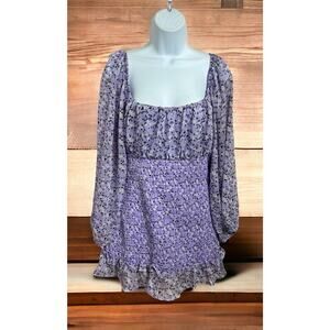 Justify Purple Floral Shirred Smocked Mini Dress Sz Large Back Tie Coquette